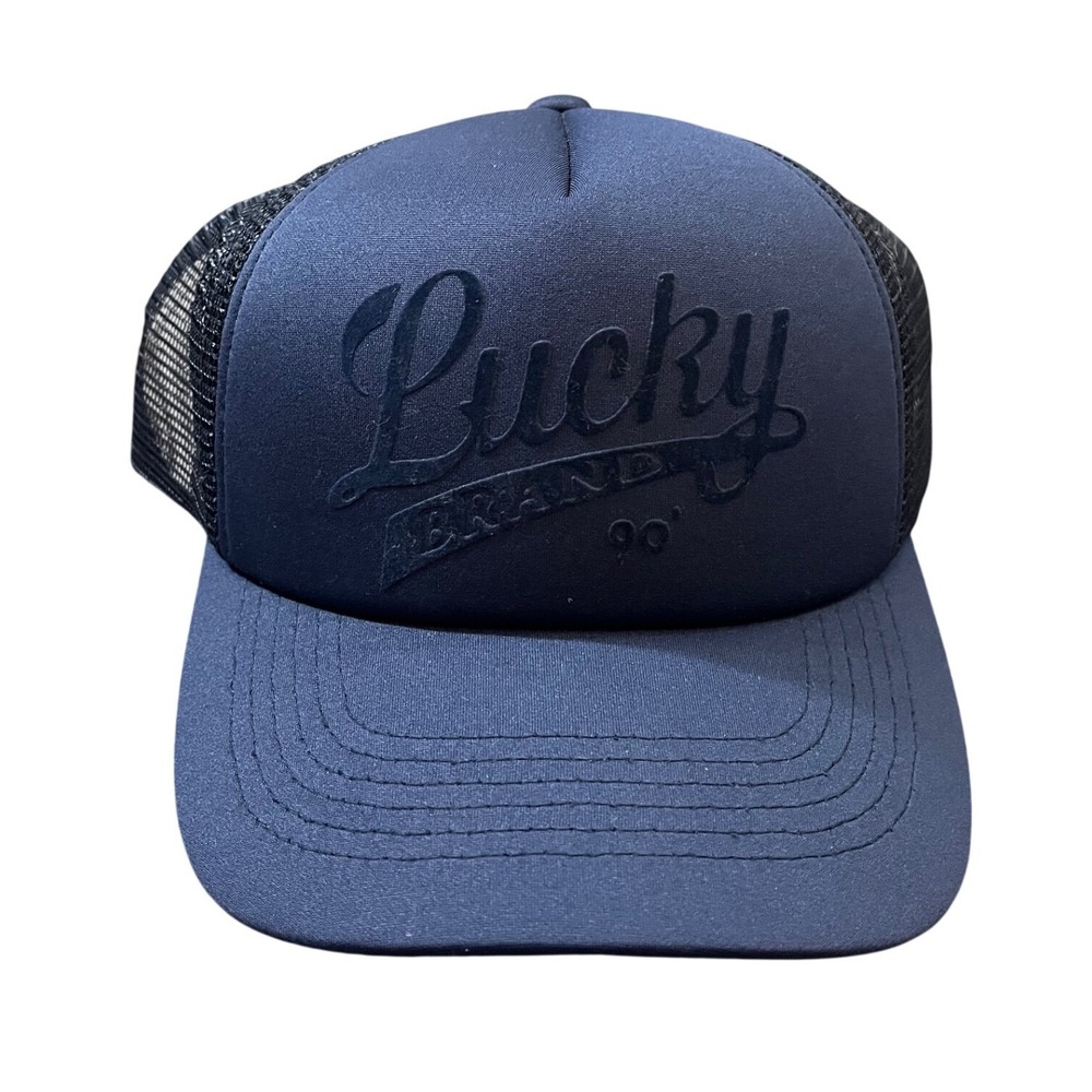 NEW Lucky Brand Trucker Hat OS Navy Blue Mesh Back Snapback Logo Cap
